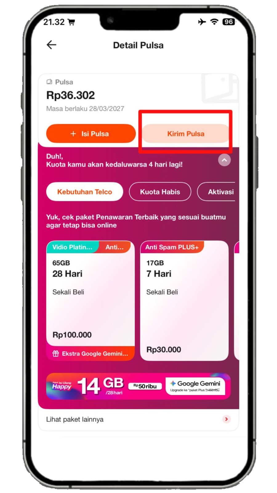 Langkah 2 - Pilih Kirim Pulsa