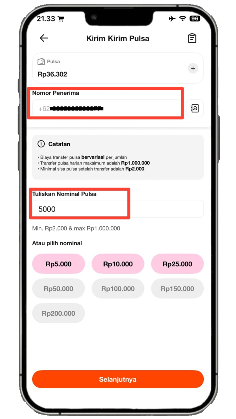 Langkah 3 - Isi Nomor Tujuan dan Nominal
